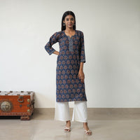 Blue - Block Printed Cotton Straight Ajrakh Kurta 30