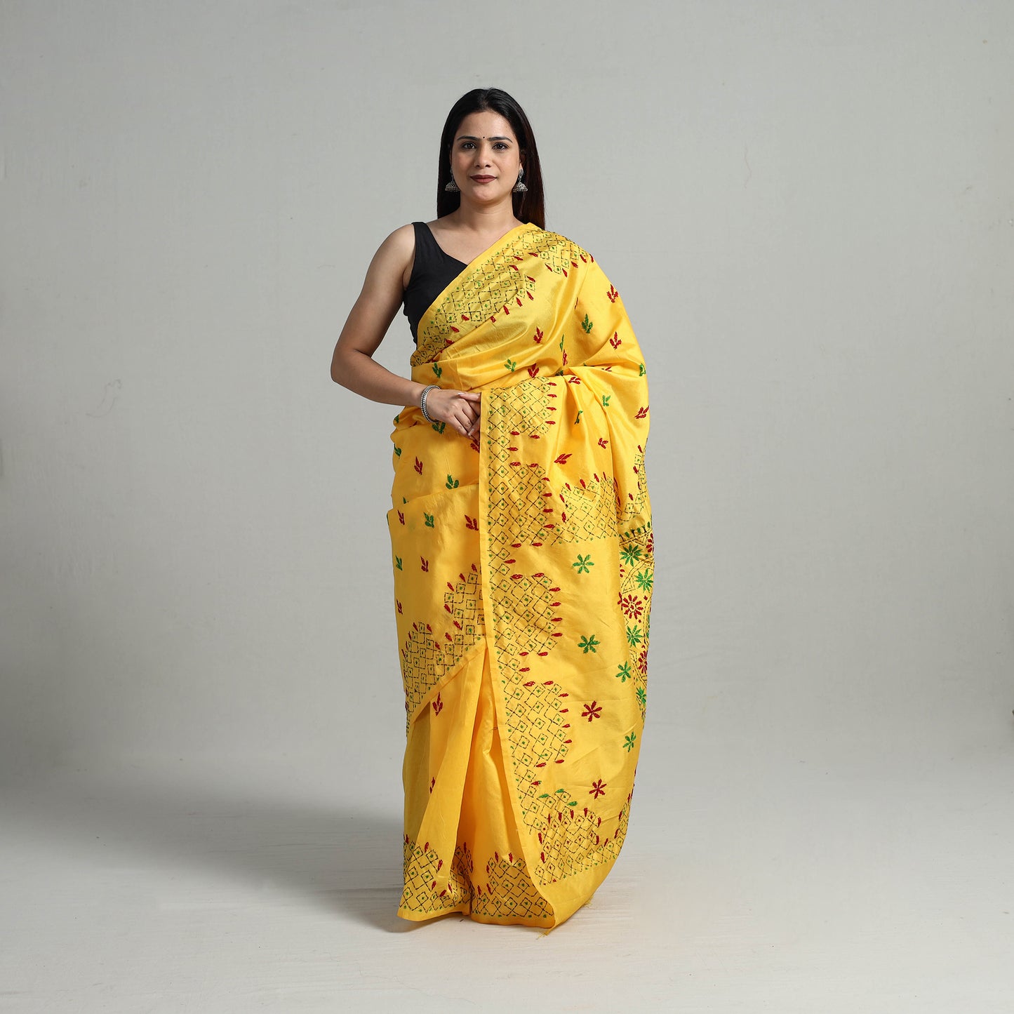 Yellow - Handcrafted Bengal Nakshi Kantha Work Silk Saree 09