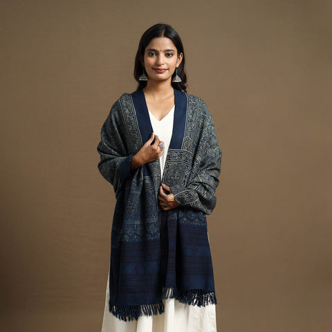 Blue - Kutch Handwoven Ajrakh Print Pure Wool Shawl 24