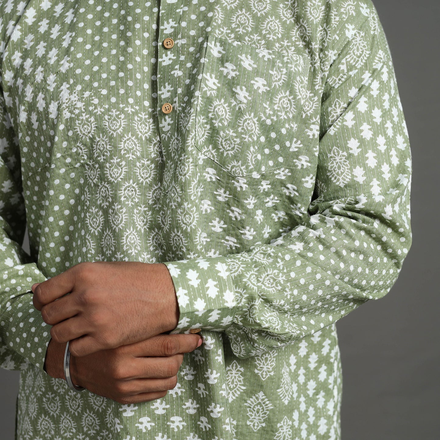 Kantha Stitch Cotton Short Sanganeri Kurta for Men 12