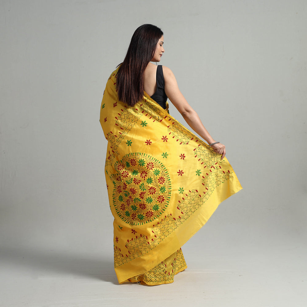 Yellow - Handcrafted Bengal Nakshi Kantha Work Silk Saree 09