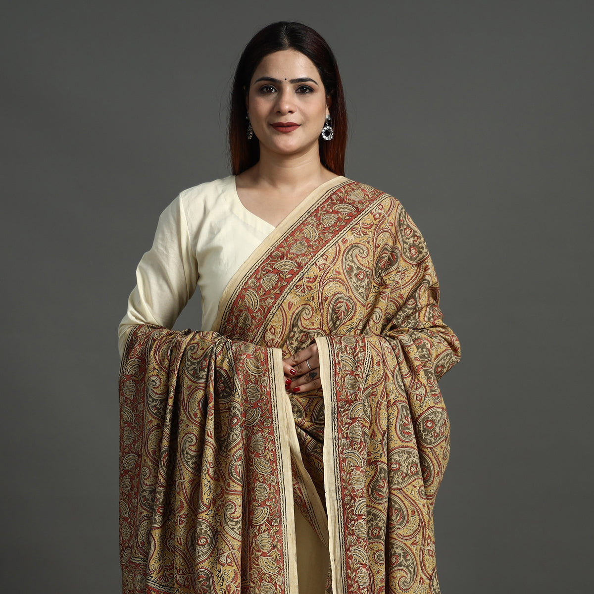 Yellow - Pedana Kalamkari Block Printed Cotton Dupatta 163