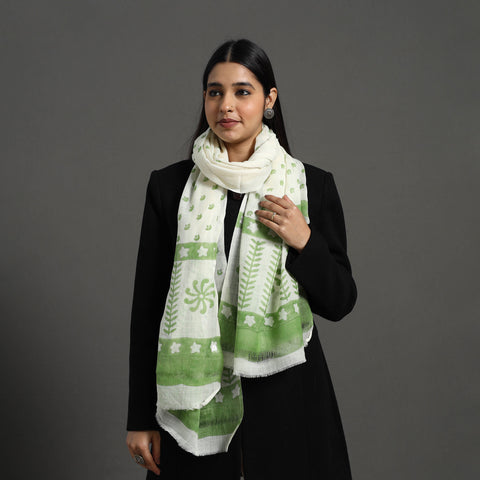 Green - pure wool sanganeri stole 66 - handcrafted