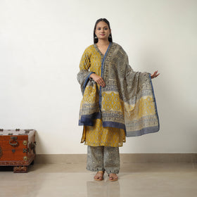 Yellow - Chanderi Silk Hand Block Bagru Print Kurta Set 04