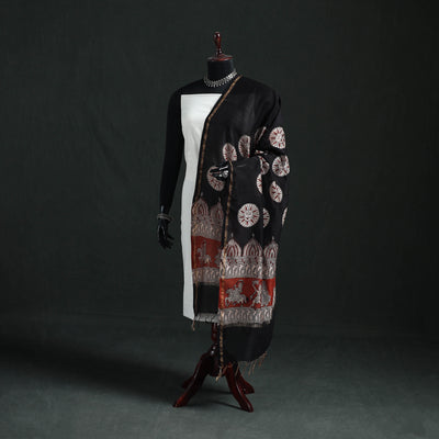 Black - Mata Ni Pachedi Handpainted Natural Dyed Chanderi Silk Handloom Dupatta 09