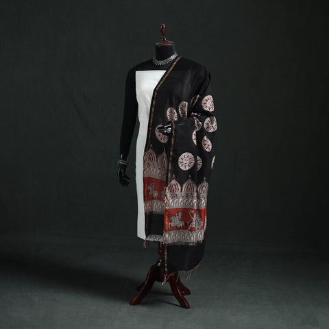 Black - Mata Ni Pachedi Handpainted Natural Dyed Chanderi Silk Handloom Dupatta 09