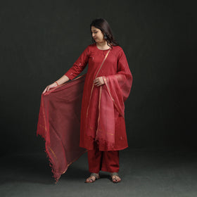 Plain Slub Cotton Hand Embroidered Suit Set with Dupatta for women 13