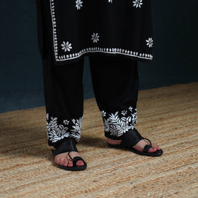 Black - Hand Embroidered Rayon Chikankari Kurta with Pant Set for Women 06