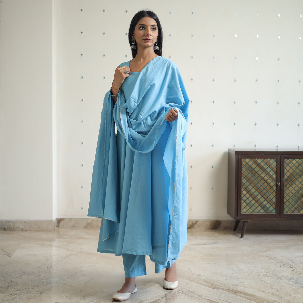 Jasleen Blue Cotton Flared Kurta with Palazzo & Dupatta Set