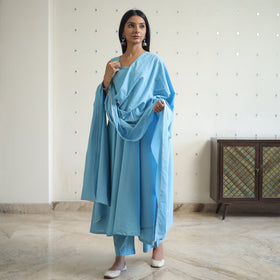 Buy Jasleen Blue Cotton Flared Kurta with Palazzo & Dupatta Set Online at iTokri.com