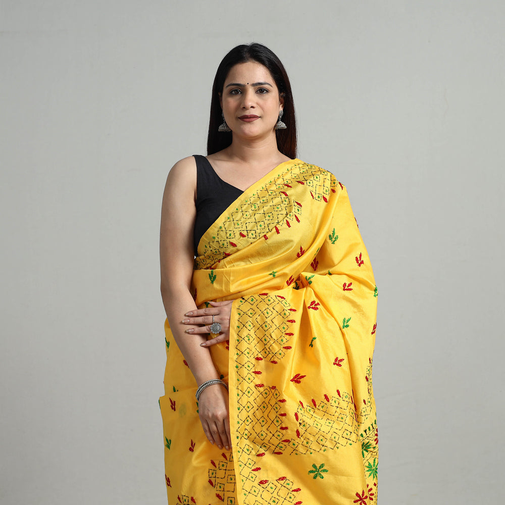 Yellow - Handcrafted Bengal Nakshi Kantha Work Silk Saree 09