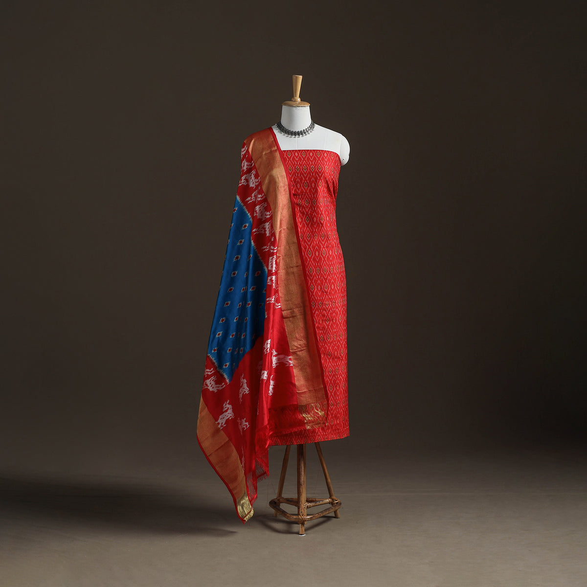 Pochampally Ikat Handloom Sico Unstitched Dress Material: Kurta with Mulberry Silk Dupatta 37