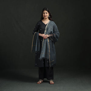 Black - Plain Slub Cotton Hand Embroidered Suit Set with Dupatta for women 06