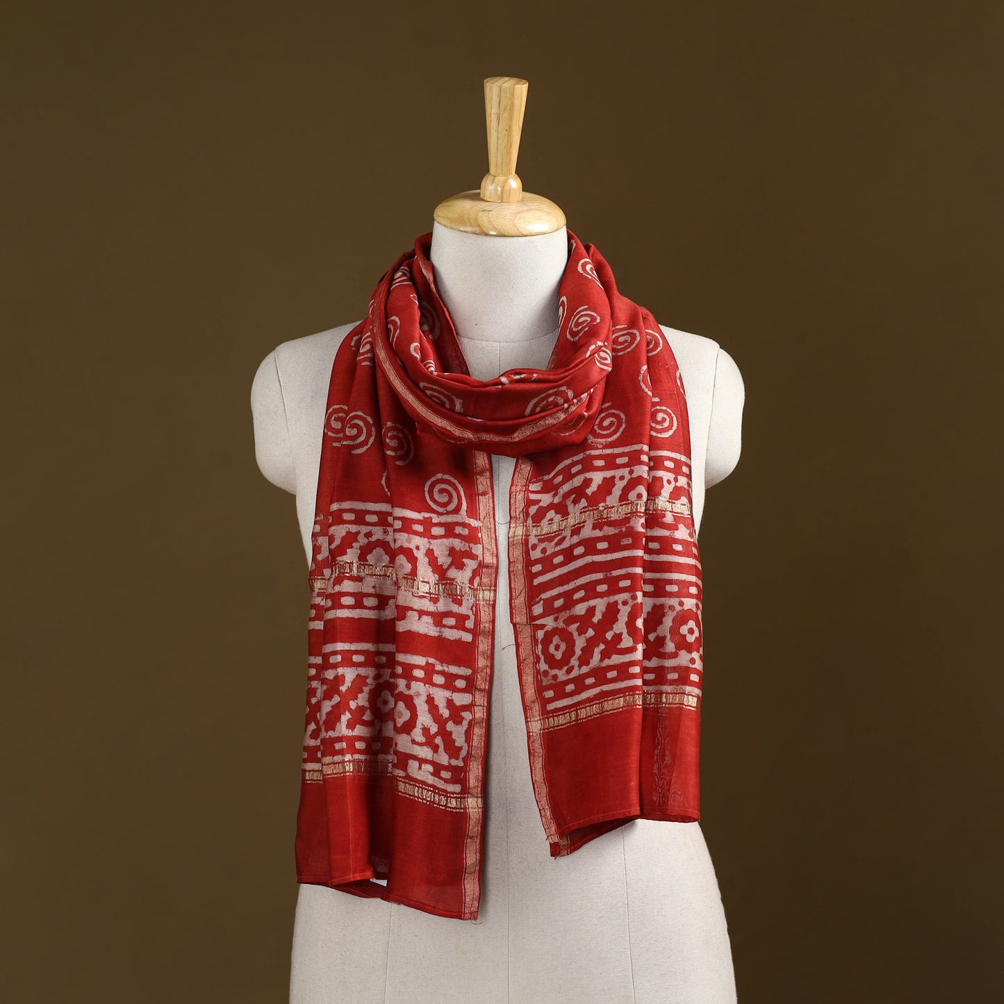Red - Pipad Hand Block Print Natural Dyed Chanderi Silk Handloom Stole 45