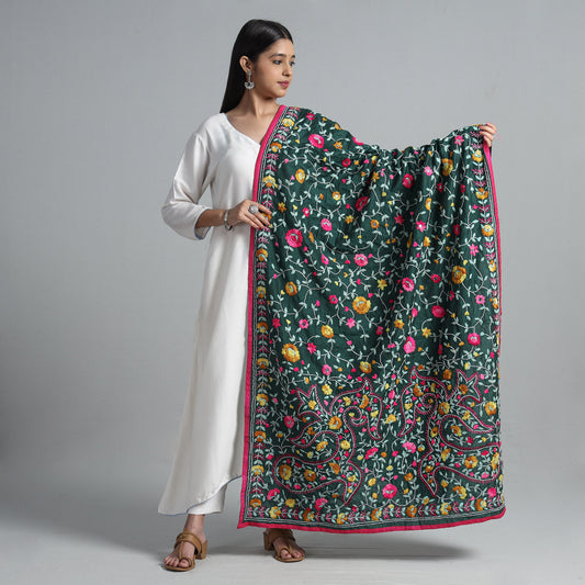 Green - Ranihati Chanderi Silk Chapa Work Phulkari Embroidered Dupatta 20