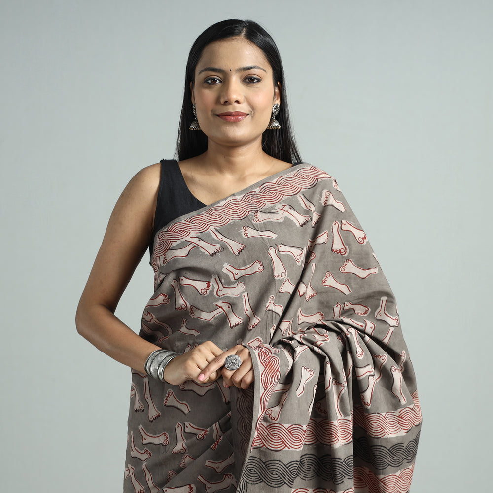 Brown - Bindaas Art Block Printed Natural Dyed Cotton Saree 33