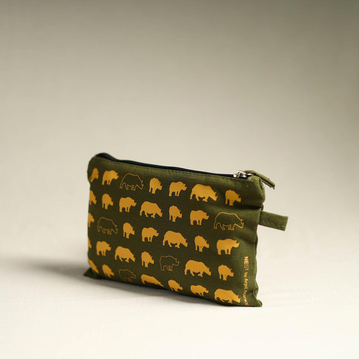 Green - Assam Great One Horned Rhino Cotton Canvas Utility Pouch