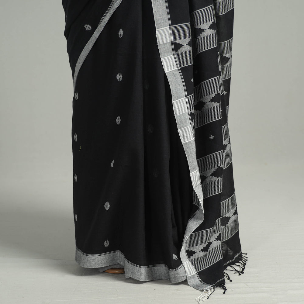 Black - Handloom Cotton Phulia Jamdani Saree with Tassels 13