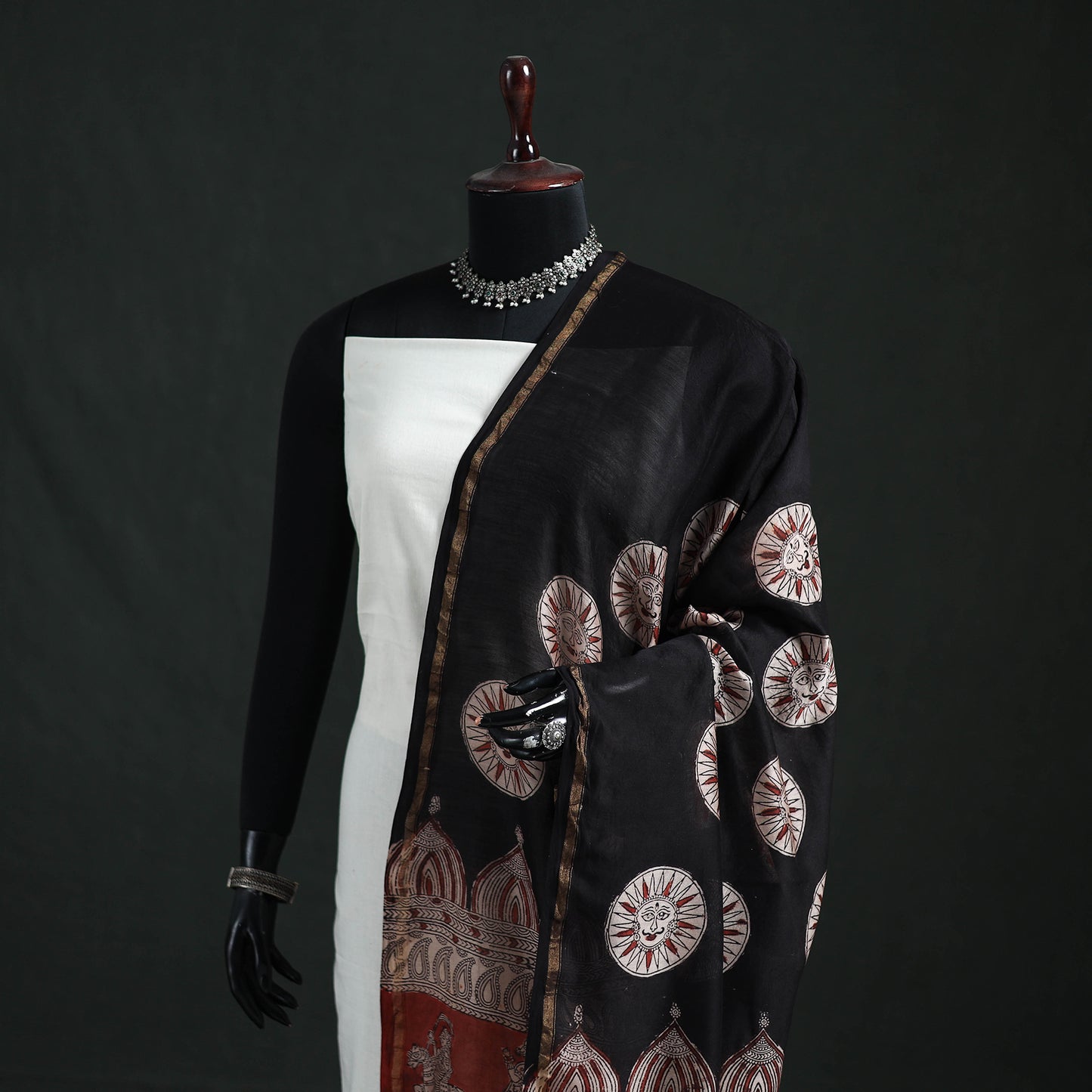 Black - Mata Ni Pachedi Handpainted Natural Dyed Chanderi Silk Handloom Dupatta 09