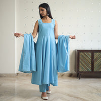 Jasleen Blue Cotton Flared Kurta with Palazzo & Dupatta Set