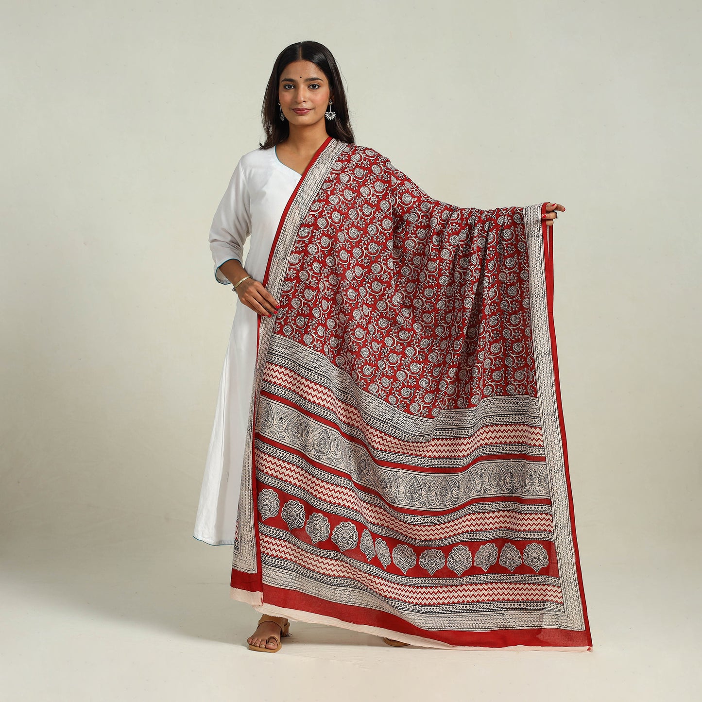 Red - Hand Block Print Cotton Bagh Dupatta 07