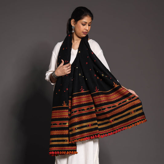 Black - Traditional Kutch Weaving Handwoven Silk x Wool Stole