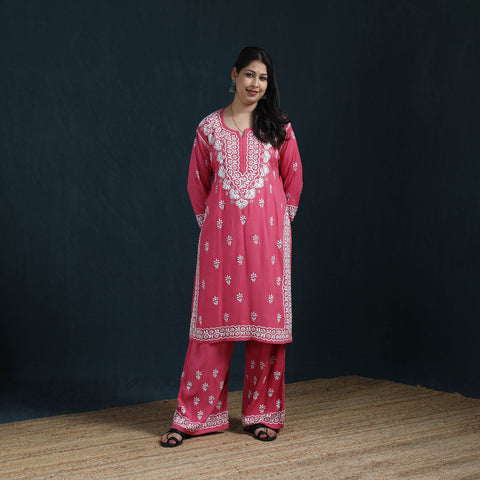 Pink - Hand Embroidered Rayon Chikankari Kurta with Palazzo Set for Women 11