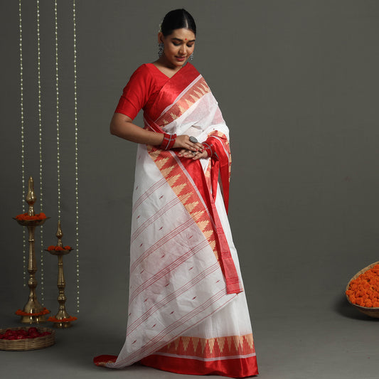 White - Phulia Jamdani Handloom Cotton Saree with Velvet Border