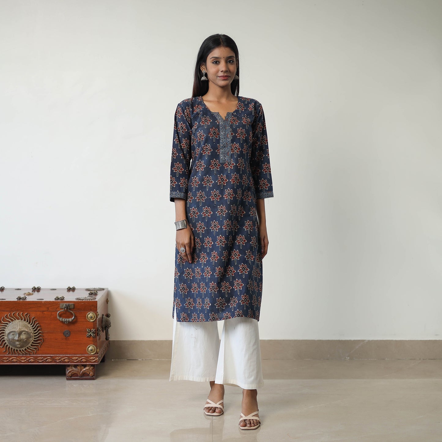 Blue - Block Printed Cotton Straight Ajrakh Kurta 30