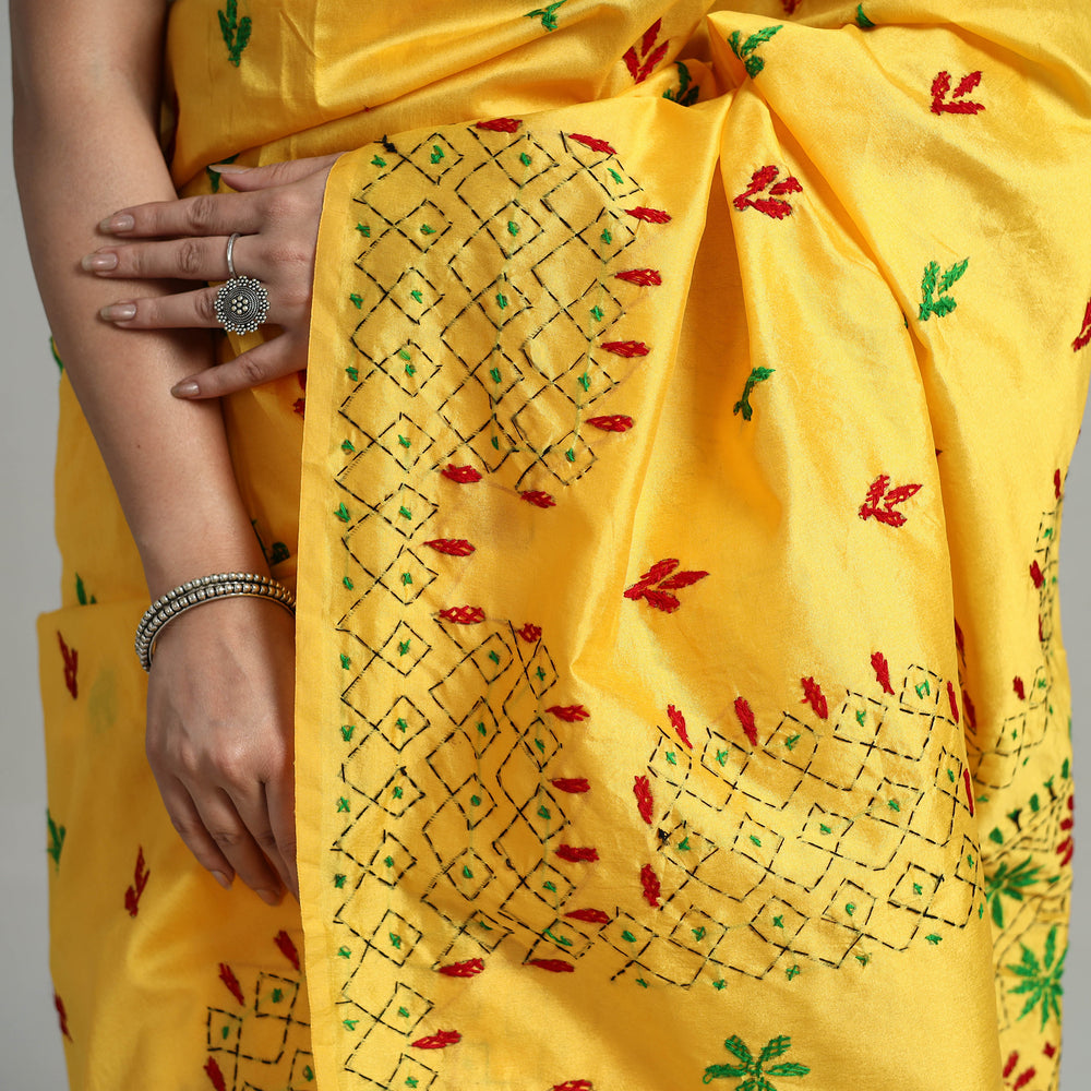 Yellow - Handcrafted Bengal Nakshi Kantha Work Silk Saree 09