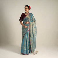 Blue - Fine Tissue Zari Bengal Saree with Embroidered Blouse 01