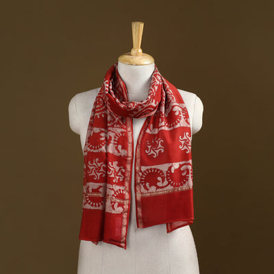 Red - Pipad Hand Block Print Natural Dyed Chanderi Silk Handloom Stole 46