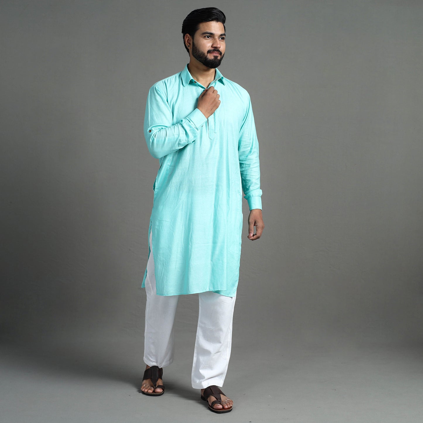 Aqua Green - Linen Viscose Plain Men Long Pathani Kurta