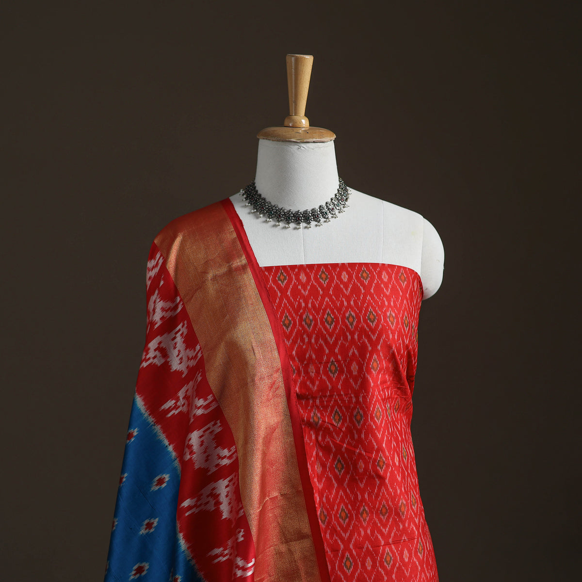 Pochampally Ikat Handloom Sico Unstitched Dress Material: Kurta with Mulberry Silk Dupatta 37