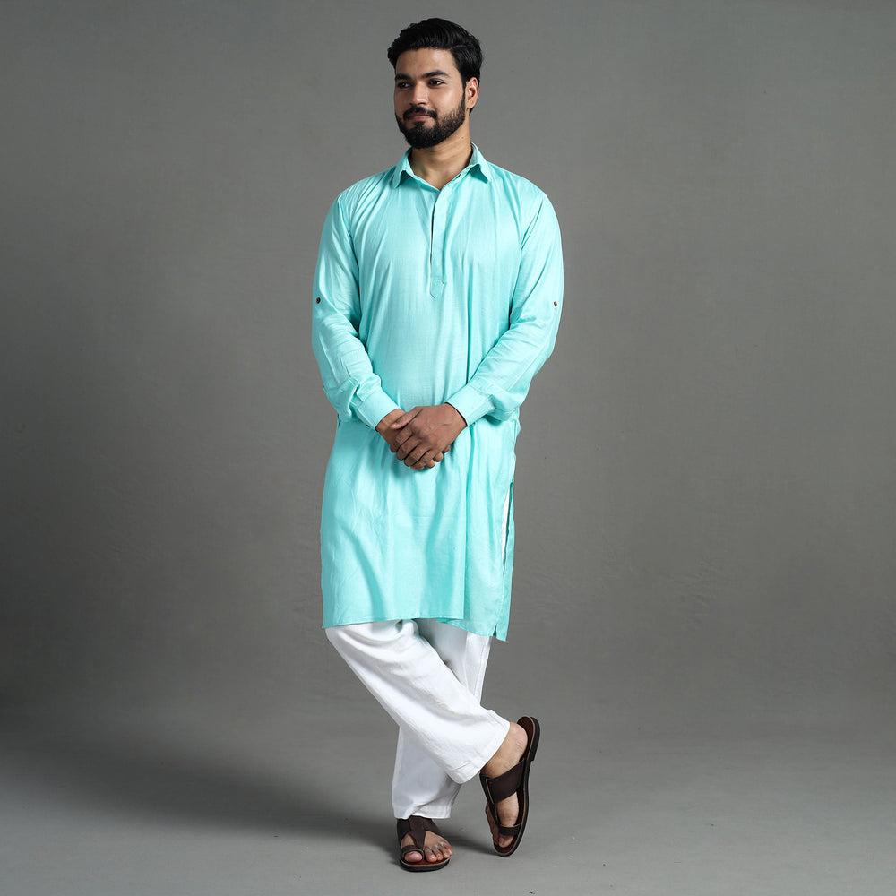 Aqua Green - Linen Viscose Plain Men Long Pathani Kurta