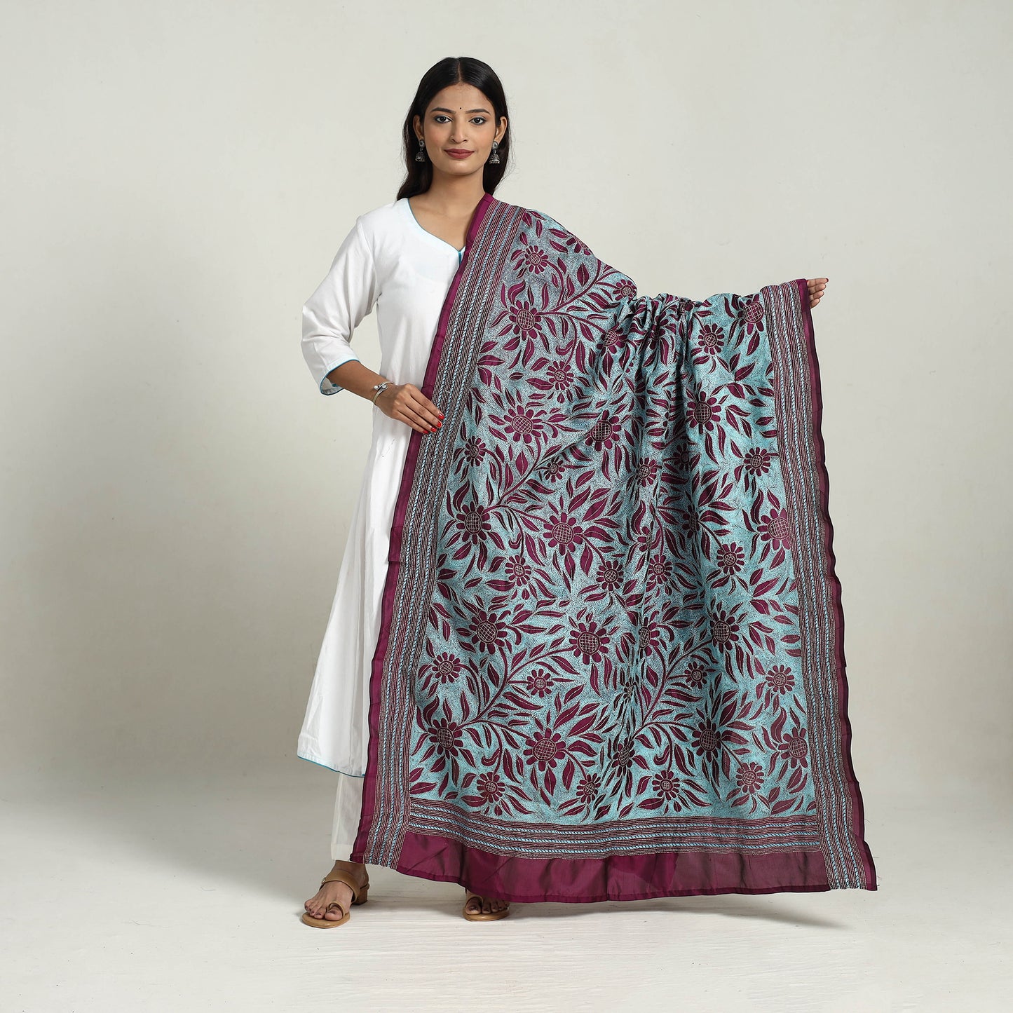 Blue - Pure Silk Bengal Kantha Embroidery Dupatta 32