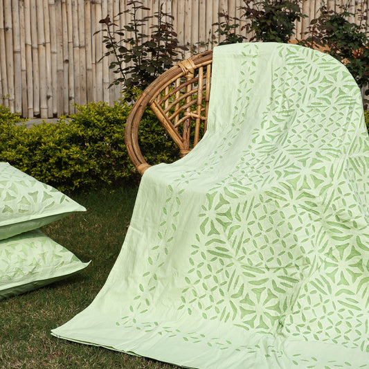 Green - Barmer Applique Cut Work Cotton Double Bed Cover with Pillow Covers (108 x 90 in)