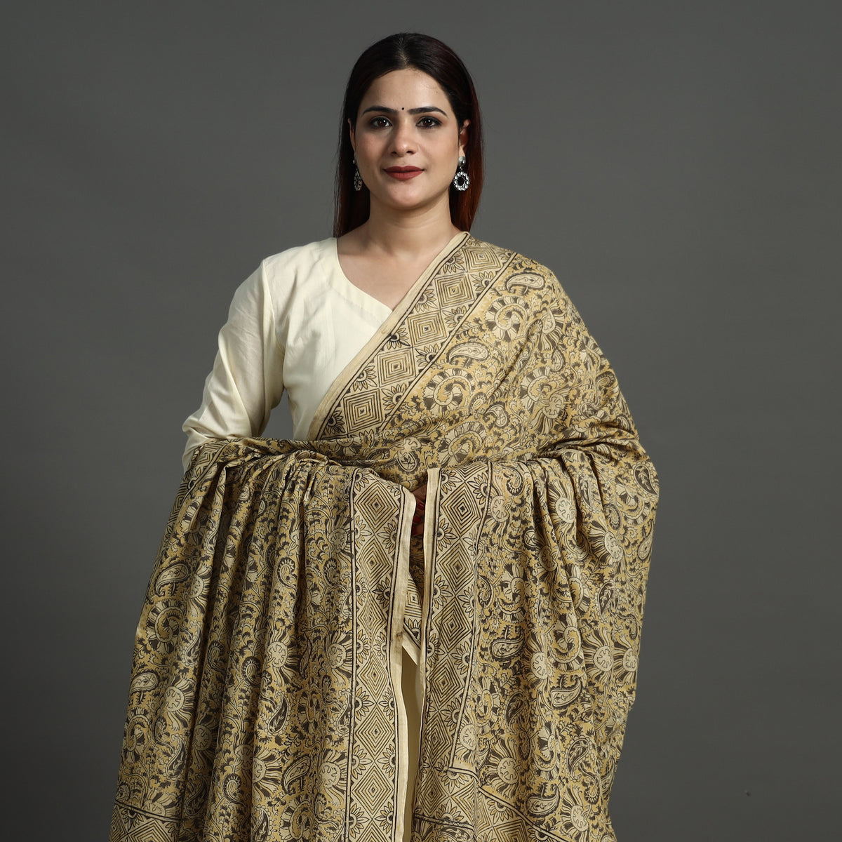 Yellow - Pedana Kalamkari Block Printed Cotton Dupatta 164