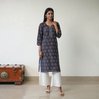 Blue - Block Printed Cotton Straight Ajrakh Kurta 30