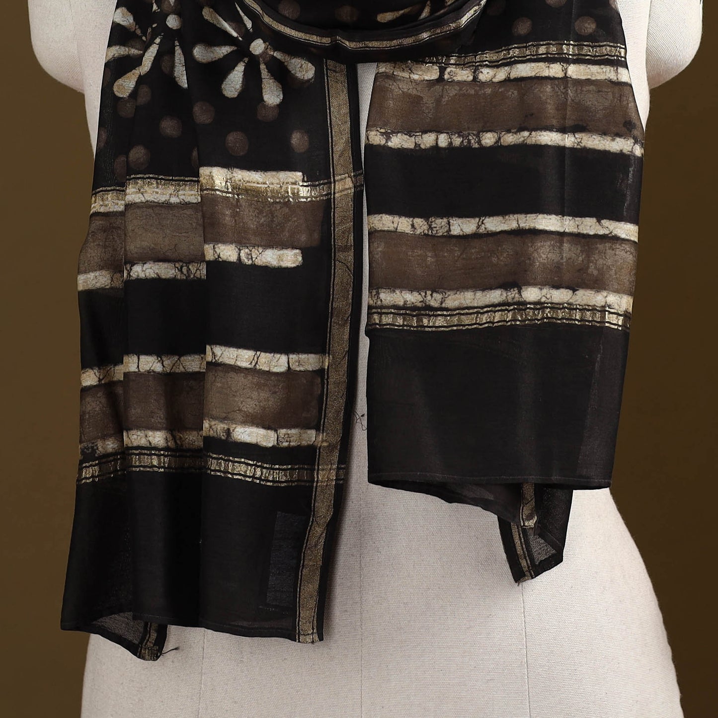 Black - Pipad Hand Block Print Natural Dyed Chanderi Silk Handloom Stole 48