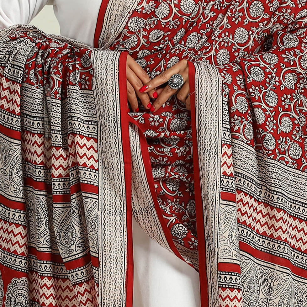 Red - Hand Block Print Cotton Bagh Dupatta 07