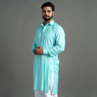 Aqua Green - Linen Viscose Plain Men Long Pathani Kurta