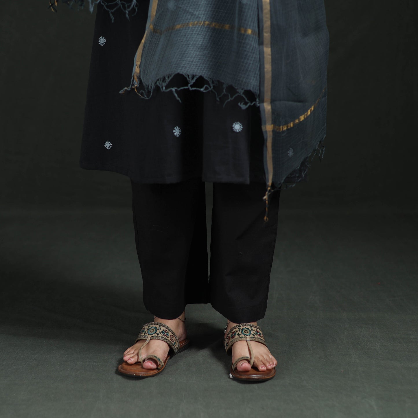 Plain Slub Cotton Hand Embroidered Suit Set with Dupatta for women 06
