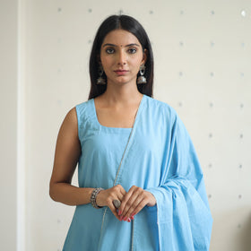 Buy Jasleen Blue Cotton Flared Kurta with Palazzo & Dupatta Set Online at iTokri.com
