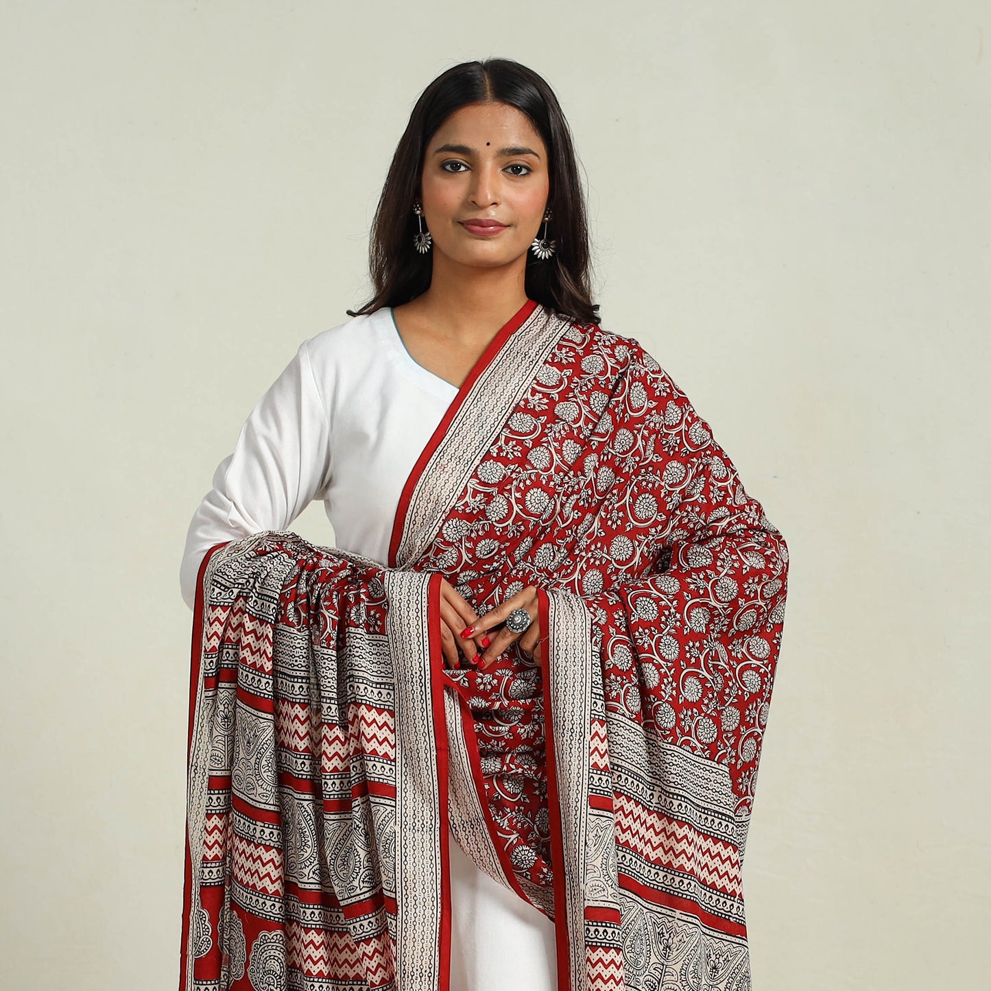 Red - Hand Block Print Cotton Bagh Dupatta 07