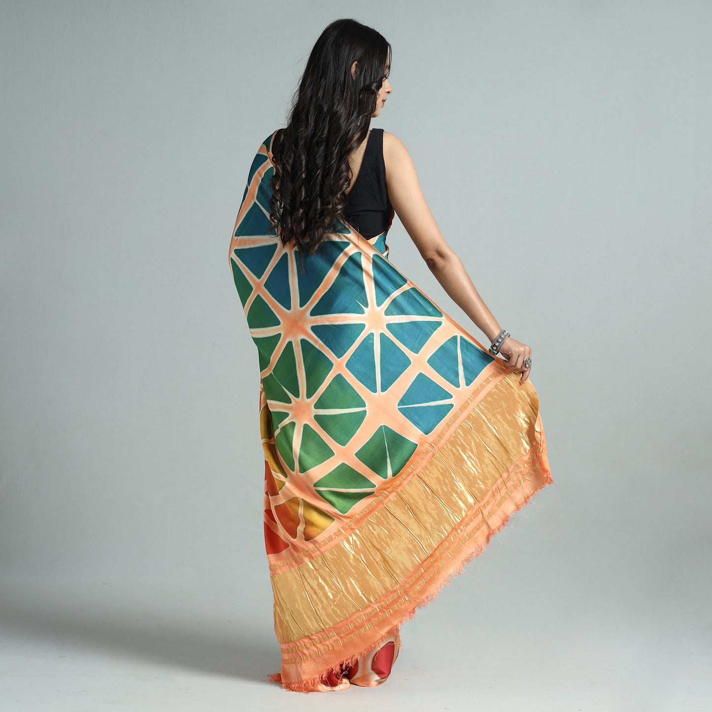 Orange - Shibori Clamp Dyed Modal Silk Saree with Zari Border 01