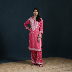 Pink - Hand Embroidered Rayon Chikankari Kurta with Palazzo Set for Women 11