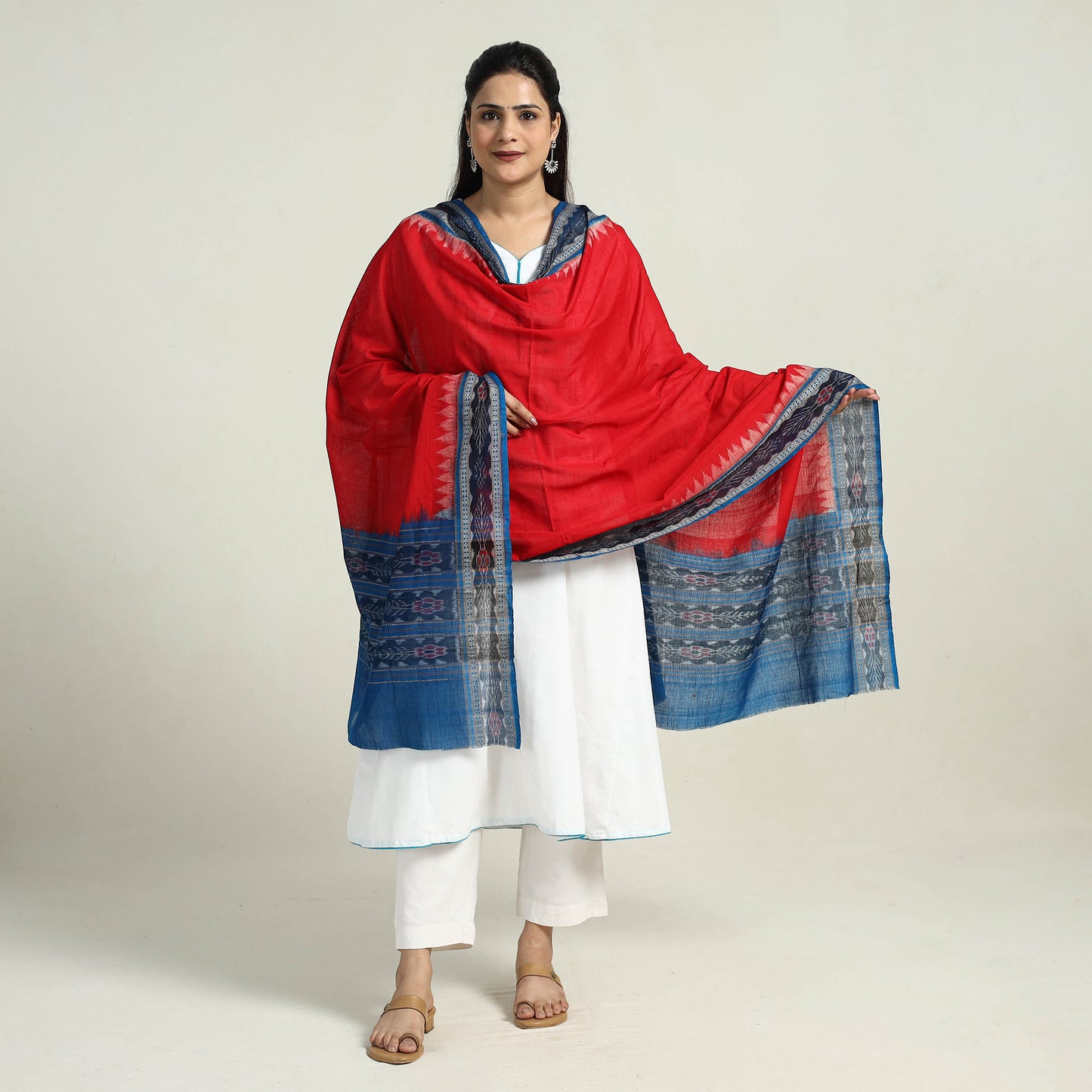 Red - Sambalpuri Ikat Weave Handloom Cotton Dupatta 43