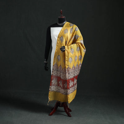 Yellow - Mata Ni Pachedi Handpainted Natural Dyed Chanderi Silk Handloom Dupatta 10