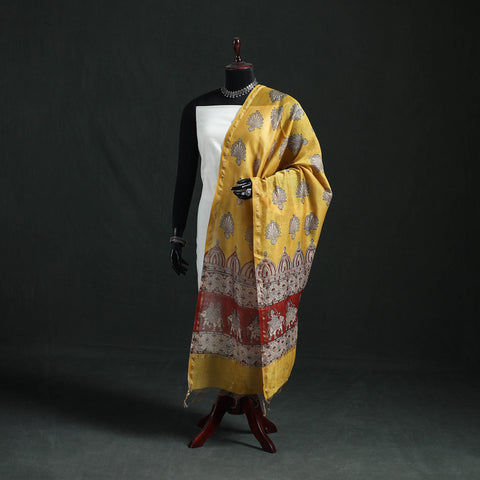 Yellow - Mata Ni Pachedi Handpainted Natural Dyed Chanderi Silk Handloom Dupatta 10